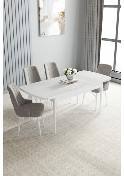 Zümra Serisi, Beyaz 80x132 Açılabilir Mdf Mutfak Masası Takımı 4 Adet Sandalye, Gri