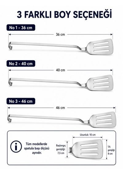 Beylini Endüstriyel Servis Spatulası Delikli Paslanmaz Çelik Uzun Saplı Geniş Yüzeyli Asılabilir Izgara Tava Lokanta Okul Yemekhane Profesyonel No3 Gri