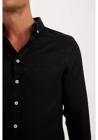DeFacto Slim Fit Dar Kesim Düğmeli Dokulu Düz Pamuk Karışımlı Uzun Kollu Siyah Gömlek T2066AZ24AUBK81