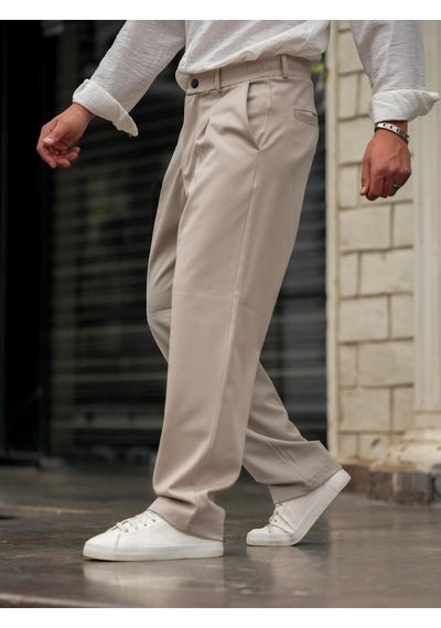 Erkek Pileli Klasik Baggy Pantolon Bej