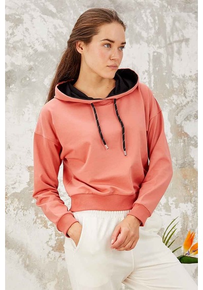 Tommy Life Pudra Uzun Kol Rahat Form Kapüşonlu Kadın Sweatshirt - 97115 Pudra