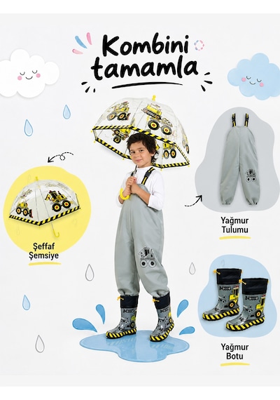 Denokids Erkek Çocuk İnşaat Araçları Desenli Sarı Şeffaf Şemsiye Standart Beden