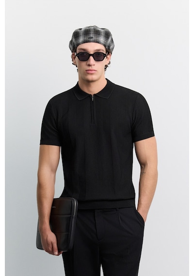 Avva Erkek Siyah Polo Yaka Fermuarlı Kolay Ütülenen Kırışmaz Regular Fit Triko T-shirt A62y5007