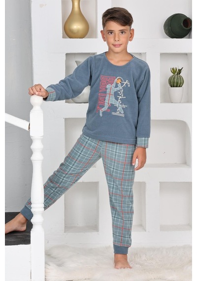 Yeni Sezon Sonbahar/kış Erkek Çocuk Basketball Desenli Polar Pijama Takımı 4530 Petrol Mavisi