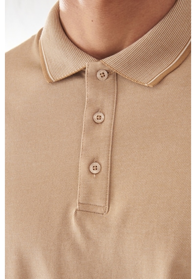 Ac&Co / Altınyıldız Classics 488670661 Düğmeli Polo Yaka Cepsiz Slim Fit Erkek Tişört Bej