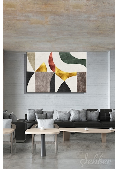 Yeşil, Gri, Siyah Ve Altın Tonlarda Modern Soyut Geometrik Desenli Yatay Kanvas Tablo 4069 Çok Renkli