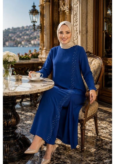 Hb Harma Time Butik Kadın İnci İşlemeli Mavi Tunik-pantolon İkili Takım Mavi Mavi