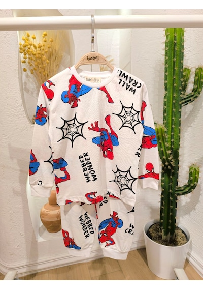 Fidekids Erkek Çocuk Örümcek Desen Karakterli Pijama Takımı%100pamuklu Beyaz - Kırmızı