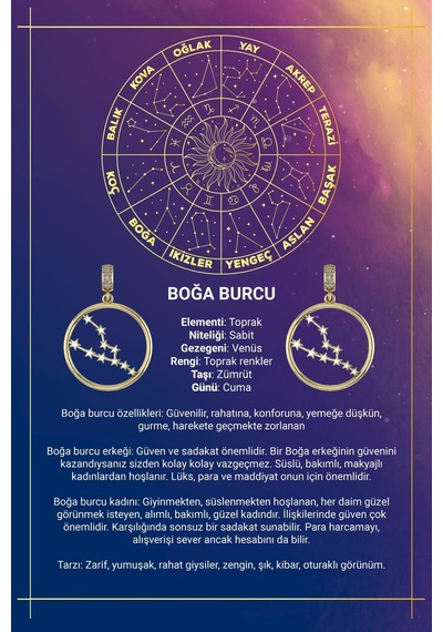 14 Ayar Altın Boğa Burcu Kolye Ucu Burç Yıldız Haritası Sarı Altın