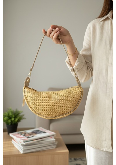 Enoch Kadın Omuz Çantası Hasır Örgü Dokulu Minimalist Yarım Ay Hobo Kol Çantası Bej