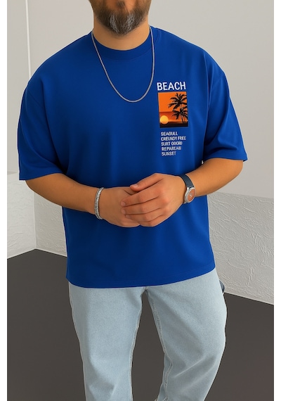 Beach Baskılı Oversize Unisex Tişört Saks Mavisi