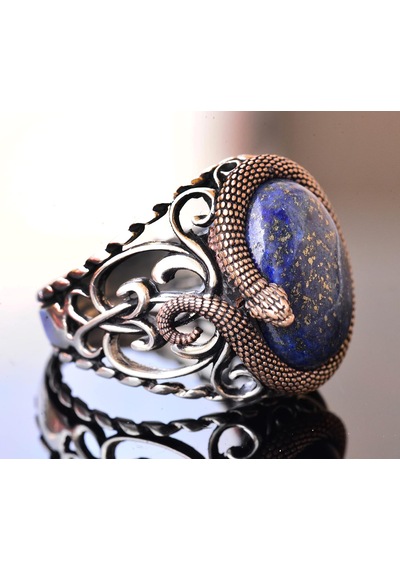 Doğal Lapis Lazuli Taşı, Yılan Yüzük, El Yapımı Yüzük, Ayar Gümüş Erkek Yüzüğü, Mavi Gümüş Aksesuar Gümüş