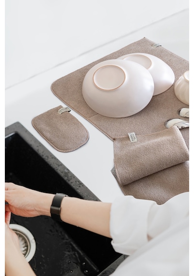 Bej-gri Microwell 3 Prç Set Microfiber Bulaşık Kurutma Matı Mutfak Seti 3'lü Kurulama Bezi Örtüsü