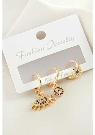 Ilkeshop 3 Adet Göz Nazar Zirkon Taşlı Küpe-sarı çok renkli