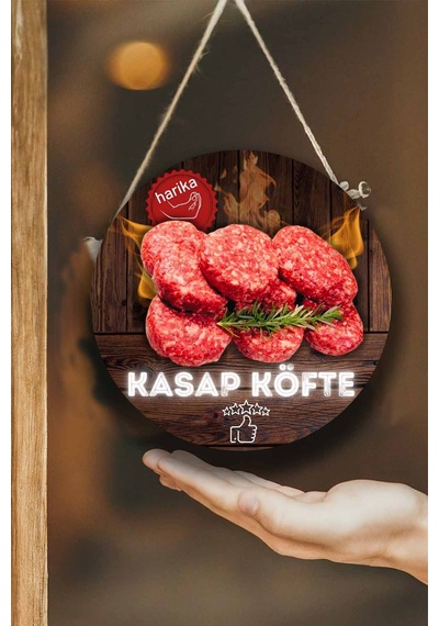 Kasap Dükkanı Cam Kapı Pano Karşılama Tabelası, Kasap Köftesi Askılı Dükkan Süs Tablo Dekoru