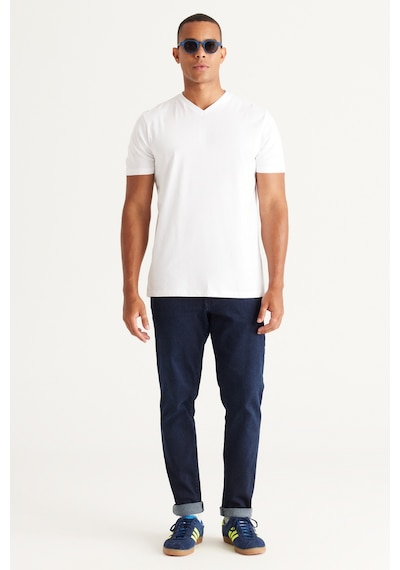 AC&Co / Altınyıldız Classics Erkek Beyaz-beyaz 2'li Slim Fit Dar Kesim V Yaka Tişört Beyaz
