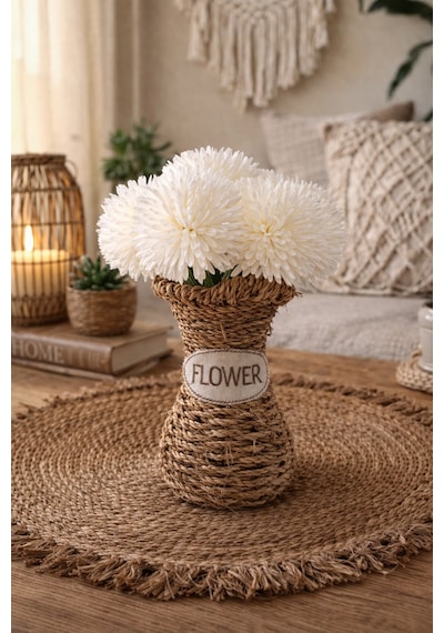 El Yapımı Vintage Tasarım Doğal Hasır Vazo,18 Cm,dekoratif Flower Yazılı Bohem Rattan Saksı,çiçeklik Bej