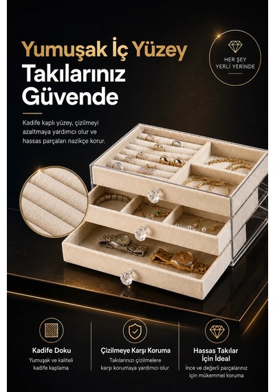 Orehome 3 Çekmeceli Kadife Takı Düzenleyici - Şeffaf Akrilik Kristal Kulplu Mücevher Ve Saat Kutusu