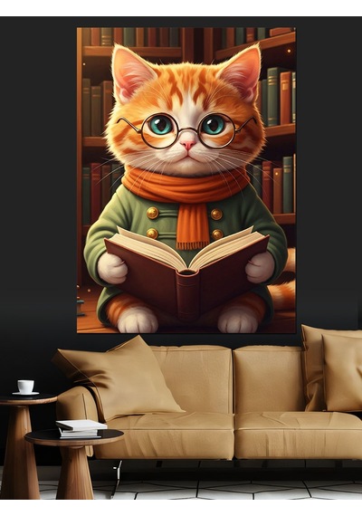 Kitap Okuyan Sevimli Kedi Dekoratif Kanvas - Mdf Ahşap Tablo