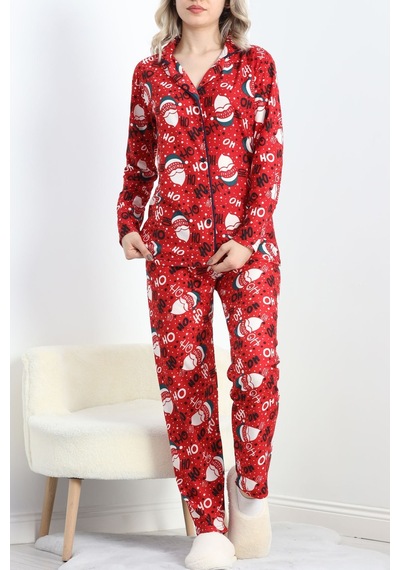 Shemard Düğmeli Süet Pijama Takımı Kırmızıbeyaz - 6486.1902. 75 Çok Renkli