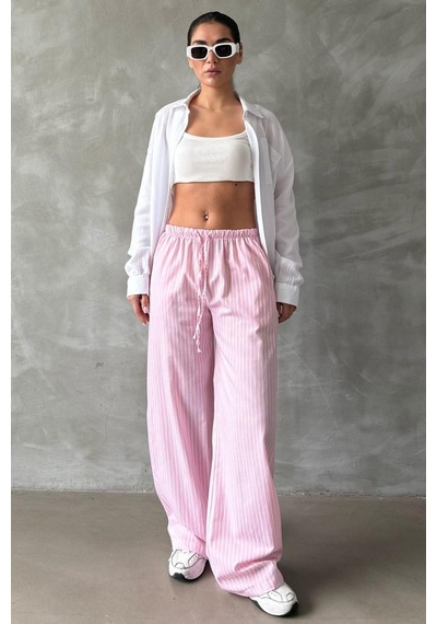Madmext Pembe Beli Ayarlanabilir Çizgili Cepli Bol Paça Kadın Pantolon Mg2312 Pembe