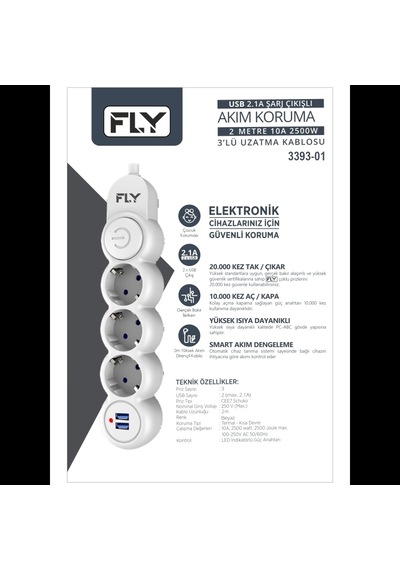 Fly 3393-01, 3 Soket, 2 Usb, Akım Korumalı Priz, 2.1a, Anahtarlı, 2mt Kablo, Beyaz