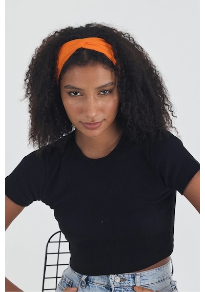 Butikgiz Siyah Kısa Kol Bisiklet Yaka Vücuda Oturan Kaşkorse Crop + Bandana Set %100 Pamumklu, Esnek Rahat Siyah-Turuncu