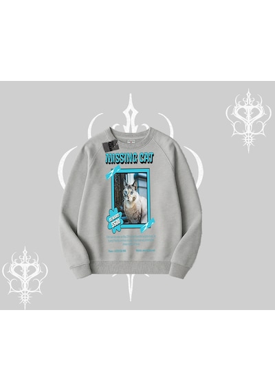 Missing Cat Baskılı Biskilet Sweatshirt Gri