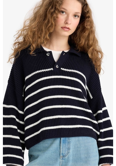 Defacto Coool Relax Fit Polo Yaka Düğmeli Çizgili Triko Kazak C4918ax25wnnv31 Lacivert