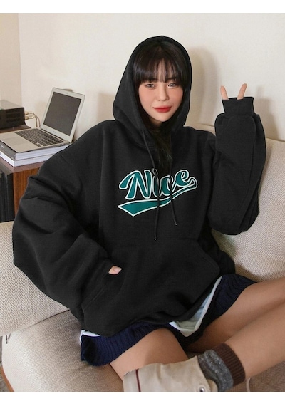 Nice Sweatshirt - Siyah Baskılı Oversize Kapüşonlu Siyah
