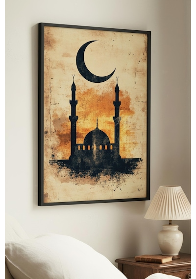 1 Adet Doğal Ahşap Çerçeveli Soyut Siyah Daire Vintage Tablo