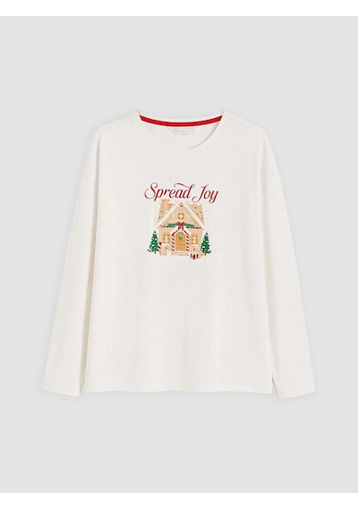 LC Waikiki Lcw Dream Ekru Yılbaşı Temalı Kadın Pijama Takımı Ekru Baskılı