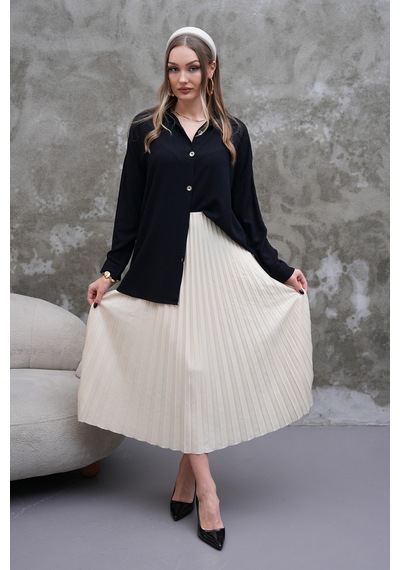 Polologin Butik Düğmeli Klasik Siyah Gömlek Tunik Siyah