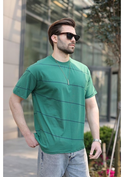 Madmext Koyu Yeşil Bisiklet Yaka Basic Çizgili Erkek T-shirt E7102