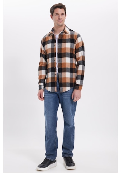 Tudors Erkek Slim Fit Dar Kesim Kareli Kışlık Oduncu Gömlek-42221 Kahverengi