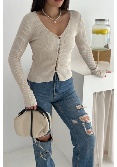 Noa & Noa Kadın Düğme Detaylı Fit Triko Bluz Zarif & Modern Stil Bej Noa & Noa Kadın Düğme Detaylı Fit Triko Bluz Zarif & Modern Stil Bej