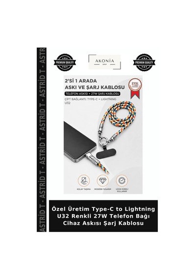 Özel Üretim Type-c To Lightning U32 Renkli 27w Telefon Bağı Cihaz Askısı Şarj Kablosu