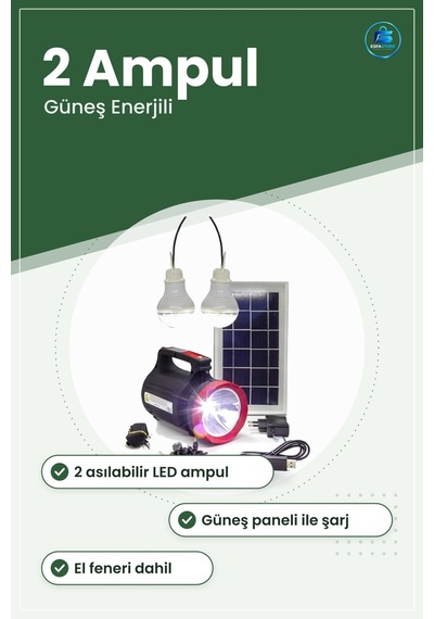 Güneş Enerji Sistemi Ev Işık Paneli 2 Ampullü El Feneri Şarjlı Ta