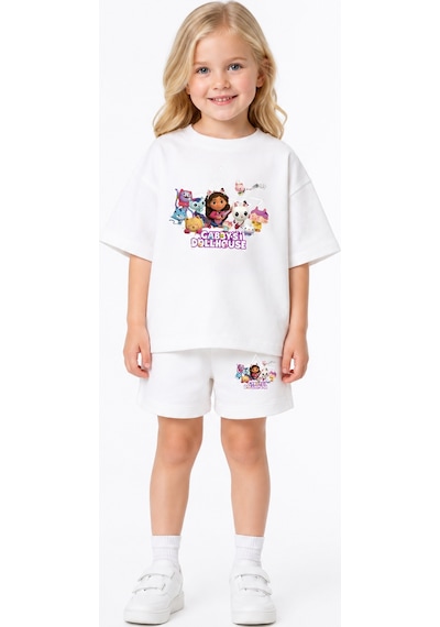 Fasardi Gabby's Dollhouse / Gabby'nin Hayal Evi Baskılı Oversize %100 Pamuk Tişört Şort 2li Çocuk Takım Beyaz