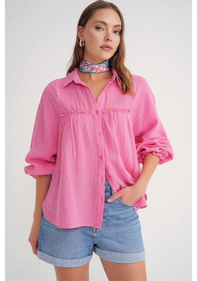 Mixray 4677 Kadın Dantel Detaylı Müslin Gömlek Pembe