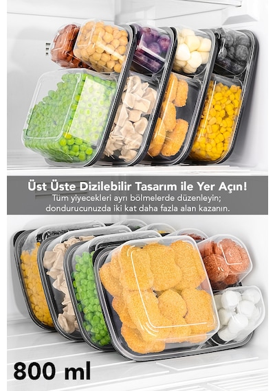 8'li Dikdörtgen 3 Bölmeli Saklama Kabı - Mikrodalga Uyumlu Organizer Derin Dondurucu Erzak Kabı Gri