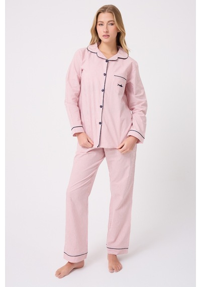 Lespadon Marısılk Seastrıpe Premium Dokuma Uzun Kollu Uzun Pantolonlu Kadın Pijama & Lounge Takımı-3188 Altın