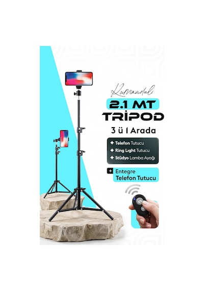 Bluetooth Kumandalı Tripod 2.1 Mt 360 Döner Başlıklı Telefon Tutucu Ring Light Stüdyo Lamba Ayağı