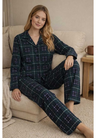 Tenra Kadın Pijama Takımı Boydan Düğmeli Haki