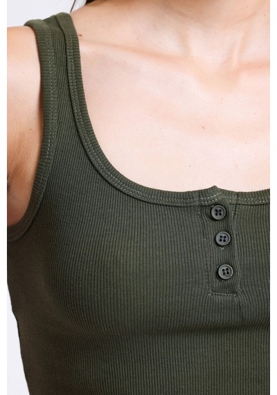 Hiccup Kare Yaka Fitilli Düğmeli Askılı Tank Top Haki Yeşil