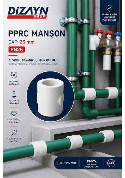 Dizayn Pprc Manşon 25 Mm 100 Adet Pn25 Temiz Su Tesisat Ek Parçası