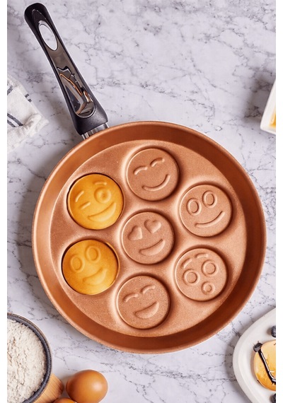 Emoji Pankek Tavası Bakır - Sevimli Yüzler Krep Tavası Bakır - Siyah