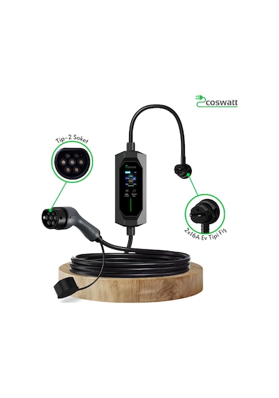Coswatt Taşınabilir EV Şarj Cihazı CS-P1-16A / 3.5kW / 5m / Türkçe / 220V AC / Tip-2 / 2x16A Ev Tipi Fiş / Çanta