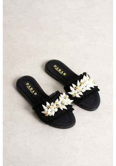 Dabab Shoes Shella Kadın Deniz Kabuğu Ve İnci Detaylı Siyah Hasır Dokulu Düz Taban Açık Burun Terlik Dabab Shoes Shella Kadın Deniz Kabuğu Ve İnci Detaylı Siyah Hasır Dokulu Düz Taban Açık Burun Terlik