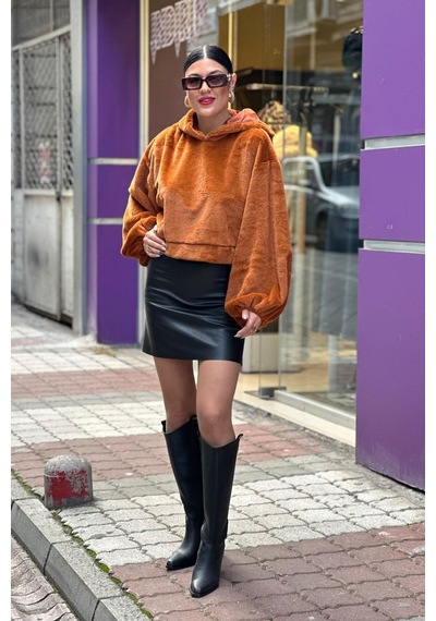 Mamayaga Kadın Crop Boy Yumuşacık Balon Uzun Kol Kapüşonlu Şık Kısa Sweatshirt Turuncu
